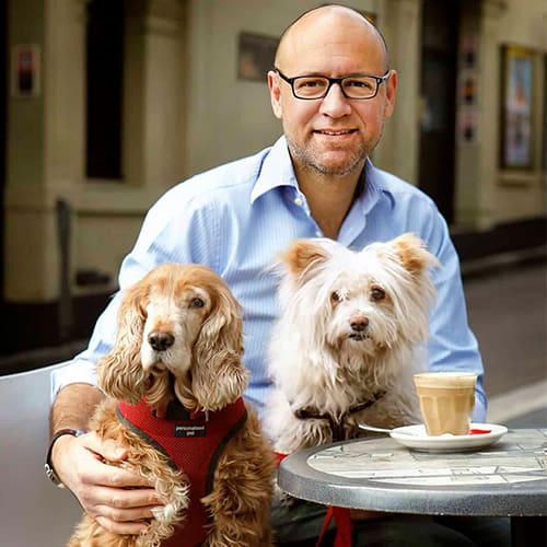Tim Vasudeva, 2020 Rescue Awards Judge, and his two dogs