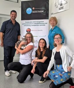 Rescue Awards 2022 Launch. Left to right: Josh Wheeler representing Ivory Coat, Melissa Penn from Sydney Dogs and Cats Home, Alesha Saliba from PetRescue, Cathy Beer of Pets4Life, Judge Dr Anne Quain. Photo: Pet Journo Caroline Zambrano